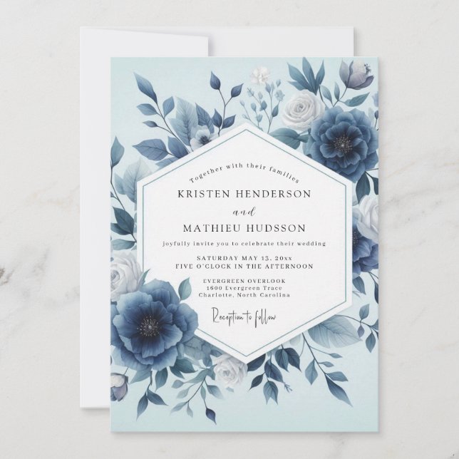 Invitación Boda Etérea Floral Índigo (Anverso)