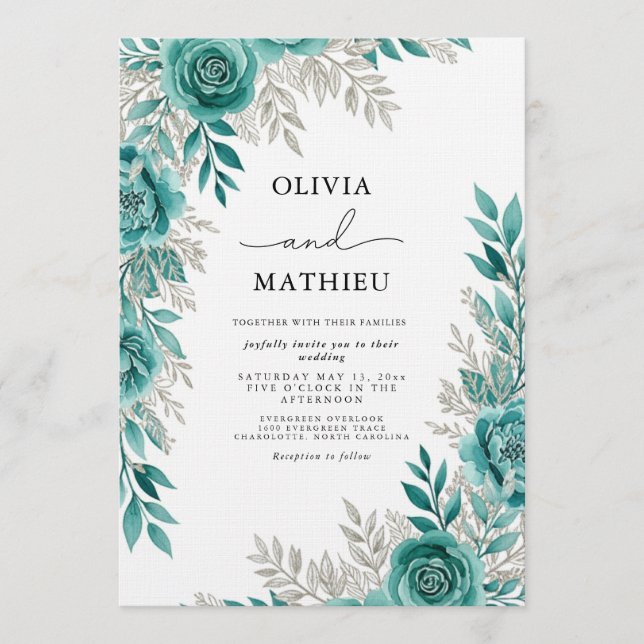 Invitación Boda Etérea Floral Turquesa (Anverso)