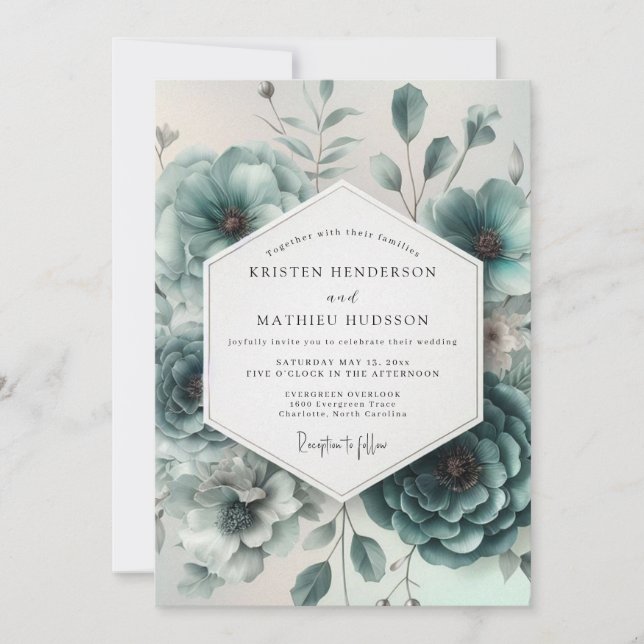 Invitación Boda Etérea Floral Verde Azul (Anverso)