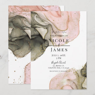 Invitación Boda Etérea Malhumorada Rosa Negro Dorado Tinta