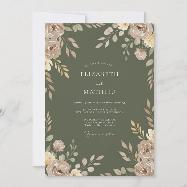 Invitación Boda Etérea Otoñal Verde Musgo (Anverso)