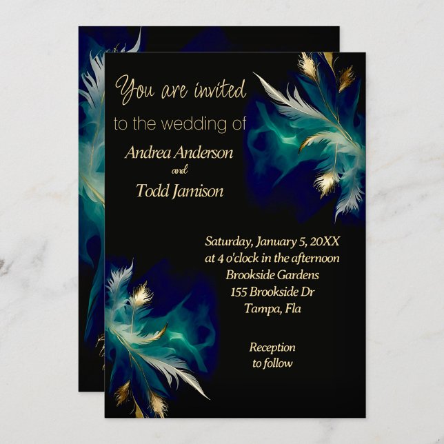 Invitación Boda etéreo de plumas de oro negro azul verde azul (Subido por el creador)