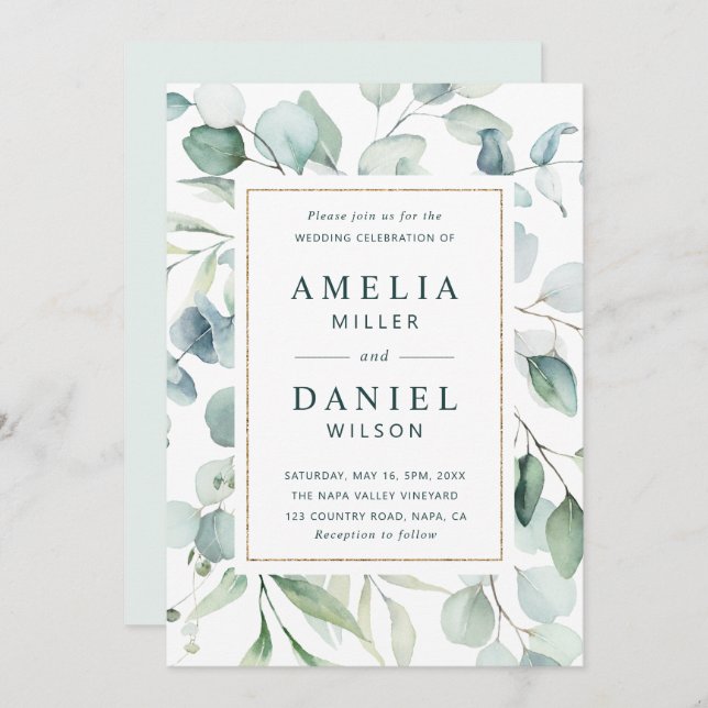 Invitación Boda Ethereal Eucalyptus Gold Frame Greenery (Anverso / Reverso)