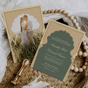 Invitación Boda Étnica Boho India Marfil Arco Verde Sage