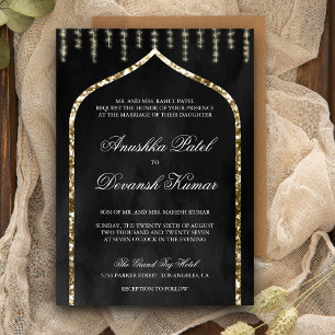 Invitación Boda Étnica India Arco Dorado Gris Carbón