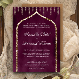 Invitación Boda Étnica India Arco Morado Oro Ciruela