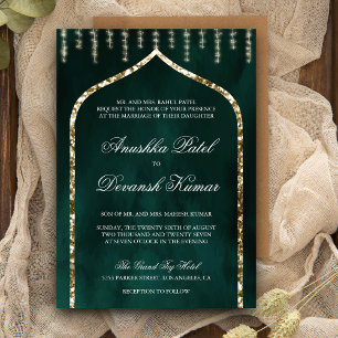 Invitación Boda Étnica India con Arco de Oro Verde Esmeralda