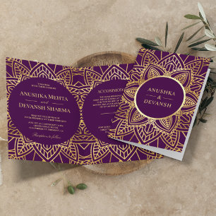Invitación Boda étnica india con mandala dorado y púrpura