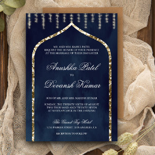 Invitación Boda Étnica India de Arco en Azul Naval Dorado