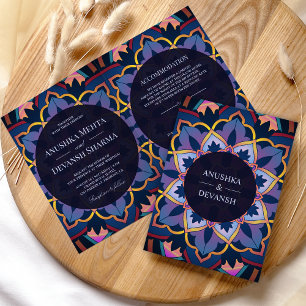 Invitación Boda étnica india mandala azul amarillo púrpura