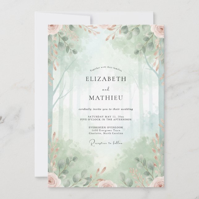 Invitación Boda Eucalipto Bosque Forestal Espuma de Mar (Anverso)