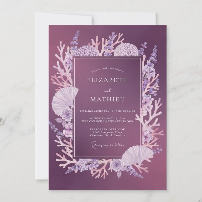 Invitación Boda Eucalipto Concha Marina Ciruela (Anverso)