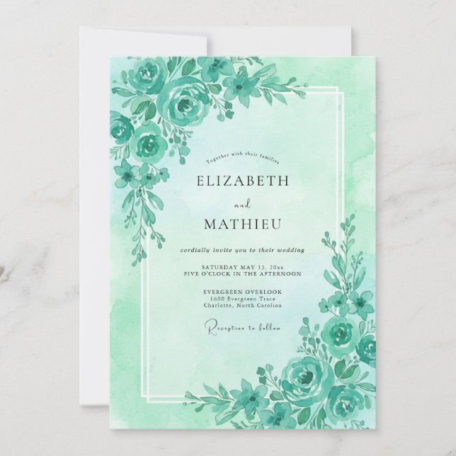 Invitación Boda Eucalipto Follaje Aqua Espuma de Mar (Anverso)