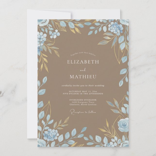 Invitación Boda Eucalipto Follaje Azul Taupe (Anverso)