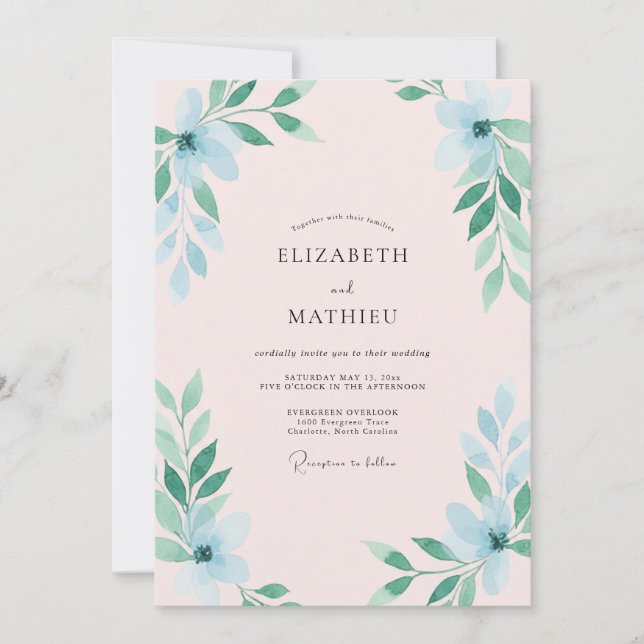 Invitación Boda Eucalipto Follaje Azure Espuma de Mar (Anverso)