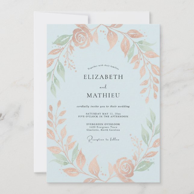 Invitación Boda Eucalipto Follaje Celeste Albaricoque (Anverso)