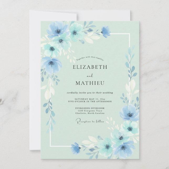 Invitación Boda Eucalipto Follaje Cielo Espuma de Mar (Anverso)