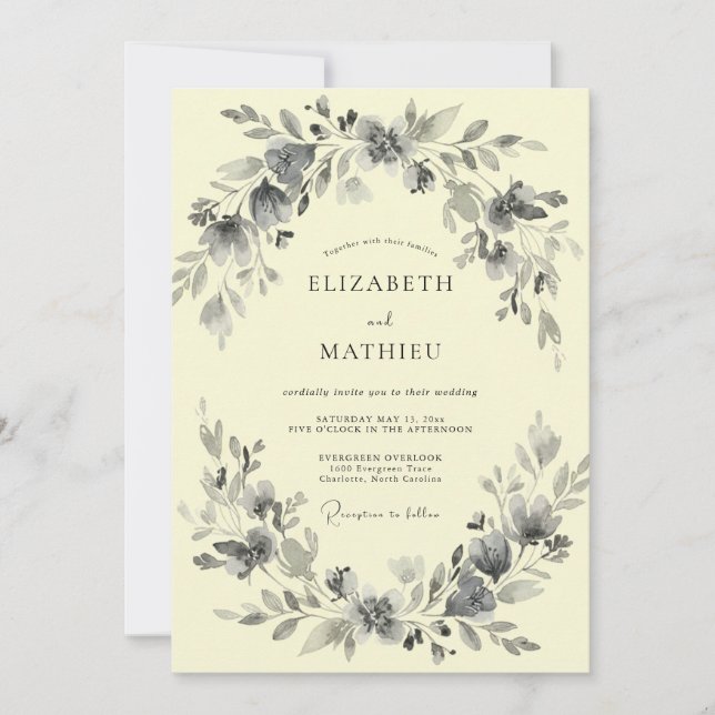 Invitación Boda Eucalipto Follaje Crema Carbón (Anverso)