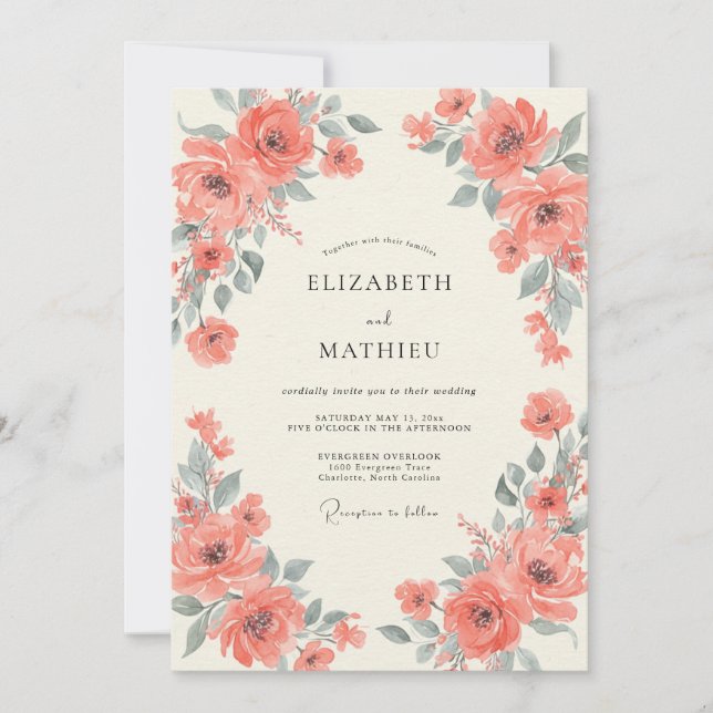 Invitación Boda Eucalipto Follaje Gris Albaricoque (Anverso)