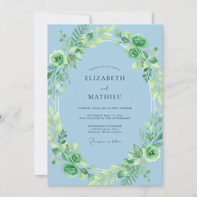 Invitación Boda Eucalipto Follaje Sage Azure (Anverso)