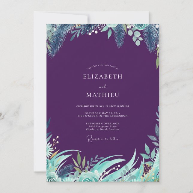 Invitación Boda Eucalipto Follaje Tropical Ciruela (Anverso)