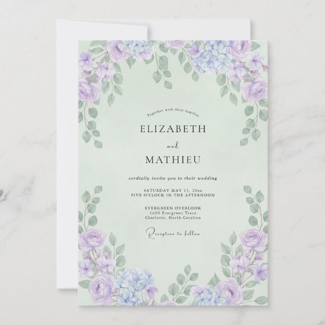 Invitación Boda Eucalipto Follaje Violeta Menta (Anverso)