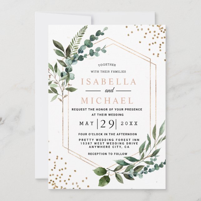 Invitación Boda Eucalipto Geométrico Rústico y (Anverso)