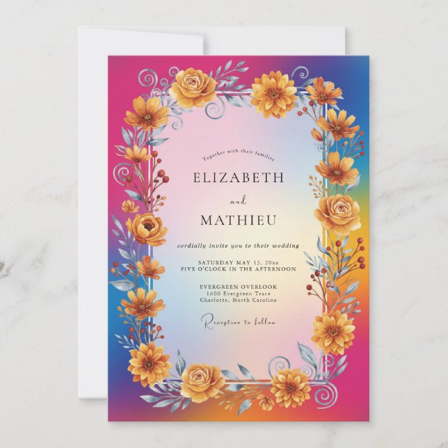 Invitación Boda Eucalipto Girasol Amarillo Magenta (Anverso)