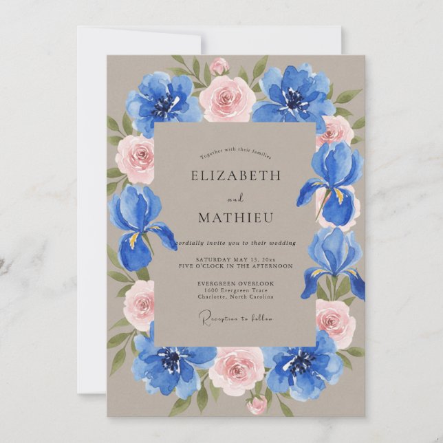 Invitación Boda Eucalipto Iris Cobalto Taupe (Anverso)