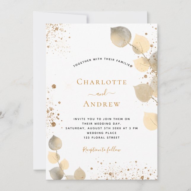 Invitación Boda eucalipto purpurina purpurina foliage dorado (Anverso)