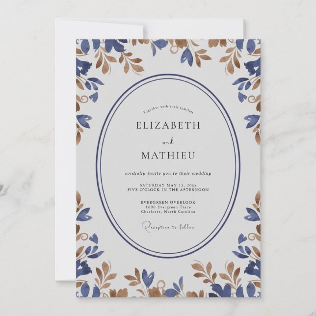 Invitación Boda Eucalipto Ramillete Indigo Oro (Anverso)