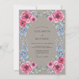 Invitación Boda Eucalipto Ranunculus Fucsia Taupe