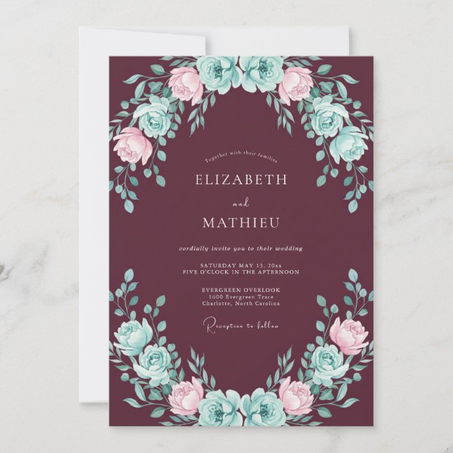 Invitación Boda Eucalipto Ranunculus Menta Vino (Anverso)