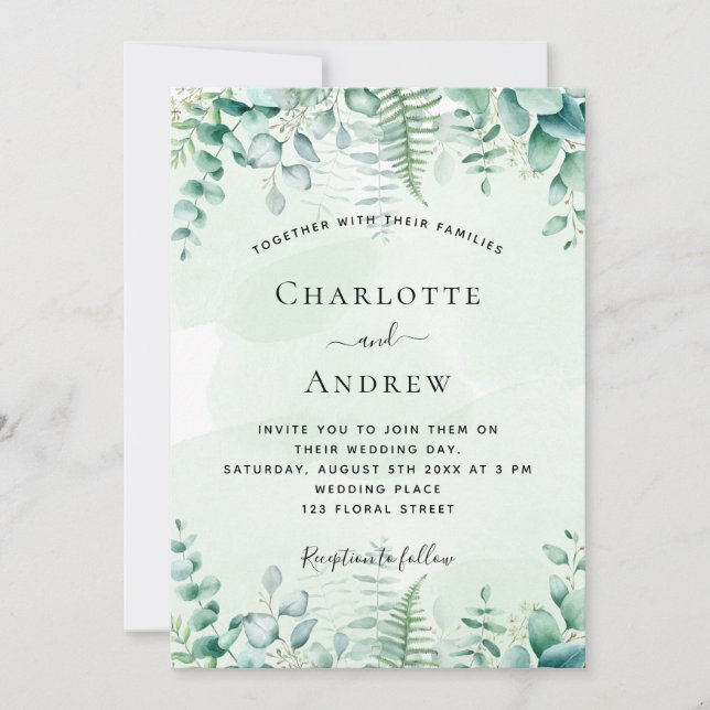 Invitación Boda eucalipto verde helechos de bosque (Anverso)