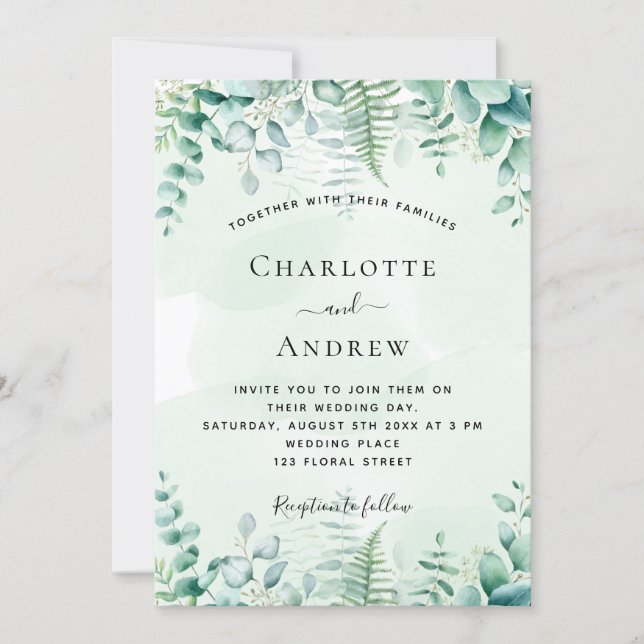 Invitación Boda eucalipto verde helechos de bosque (Anverso)