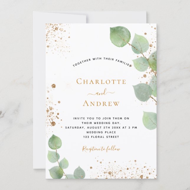 Invitación Boda eucalipto verde purpurina purpurina dorada (Anverso)