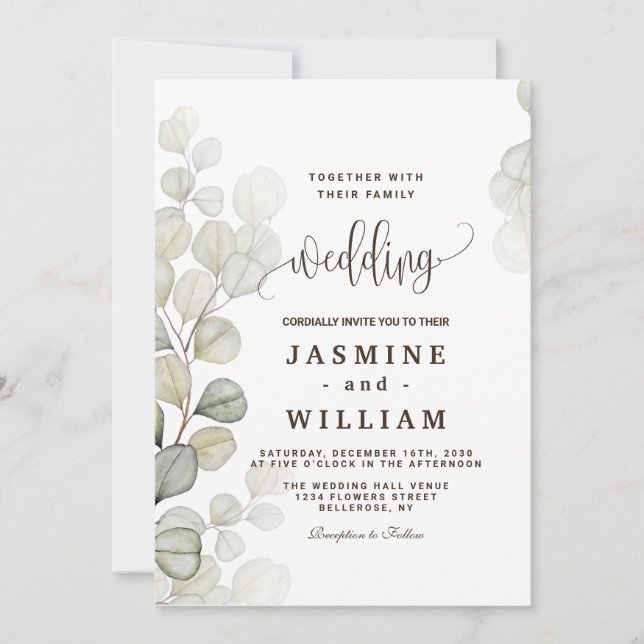 Invitación Boda Eucalyptus de color agua (Anverso)