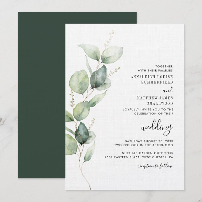 Invitación Boda Eucalyptus de color agua (Anverso / Reverso)