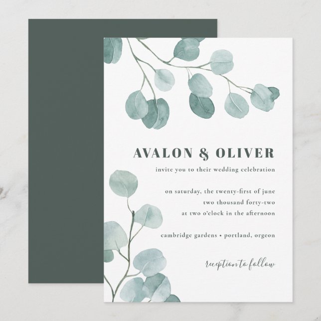 Invitación Boda Eucalyptus del dólar plateado (Anverso / Reverso)