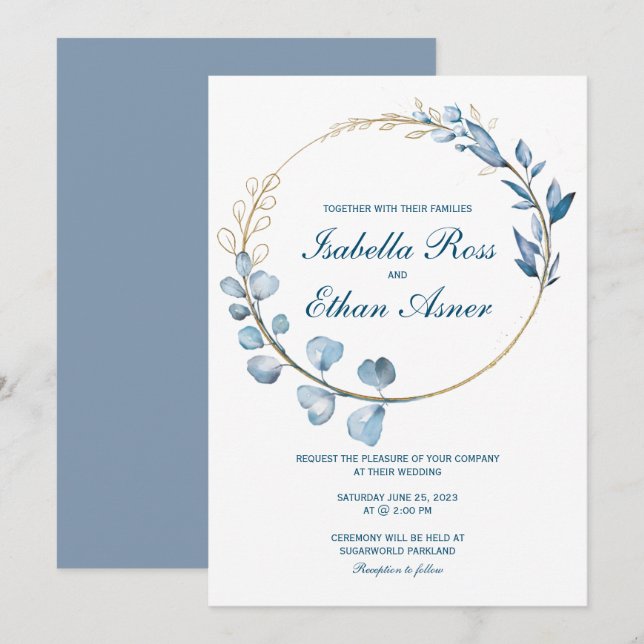 Invitación Boda Eucalyptus Dusty Blue y Gold (Anverso / Reverso)