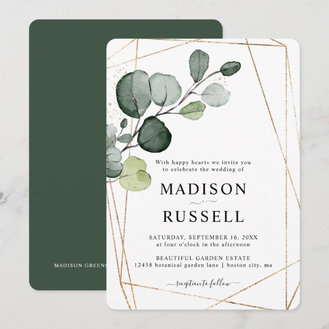 Invitación Boda Eucalyptus Gold Greenery (Anverso / Reverso)