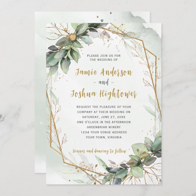 Invitación Boda Eucalyptus Golden Greenery (Anverso / Reverso)