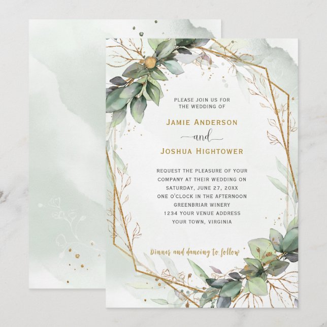 Invitación Boda Eucalyptus Golden Greenery (Anverso / Reverso)