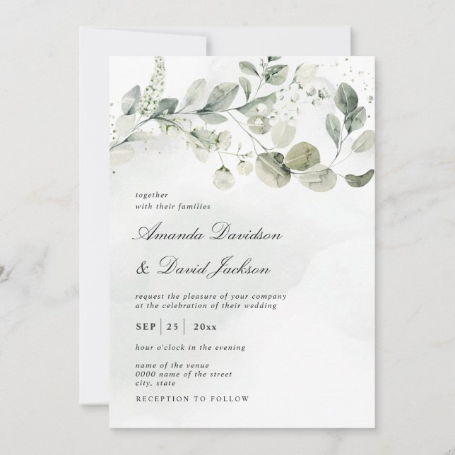 Invitación Boda Eucalyptus Green Foliage White (Anverso)