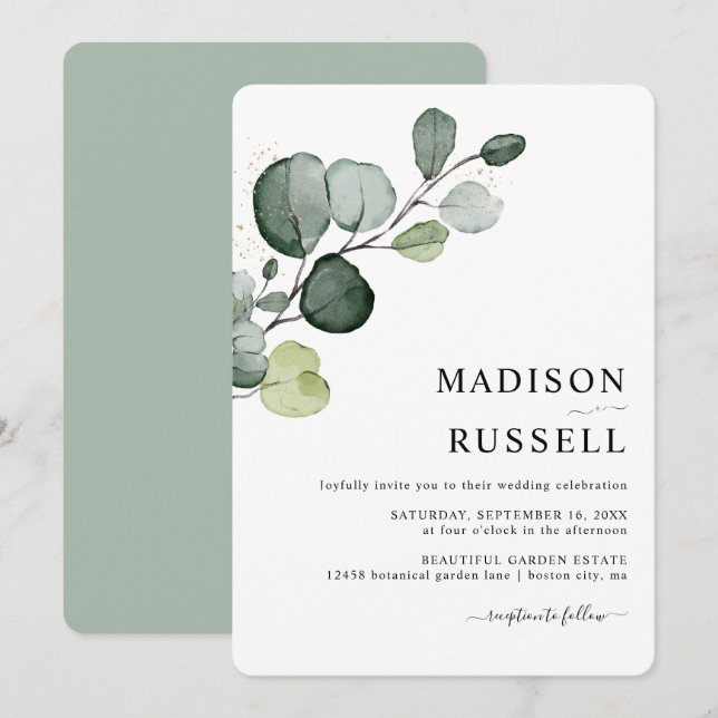 Invitación Boda Eucalyptus Greenery Gold Splatter (Anverso / Reverso)