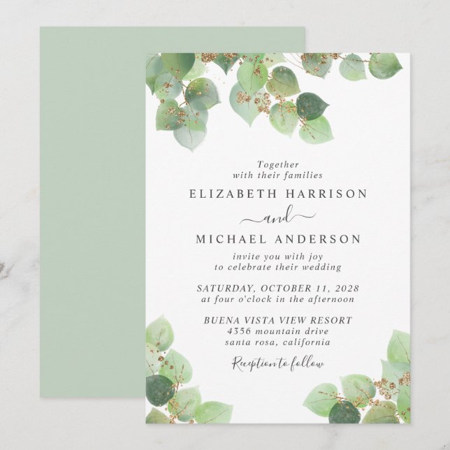 Invitación Boda Eucalyptus Greenery Gold Watercolor (Anverso / Reverso)