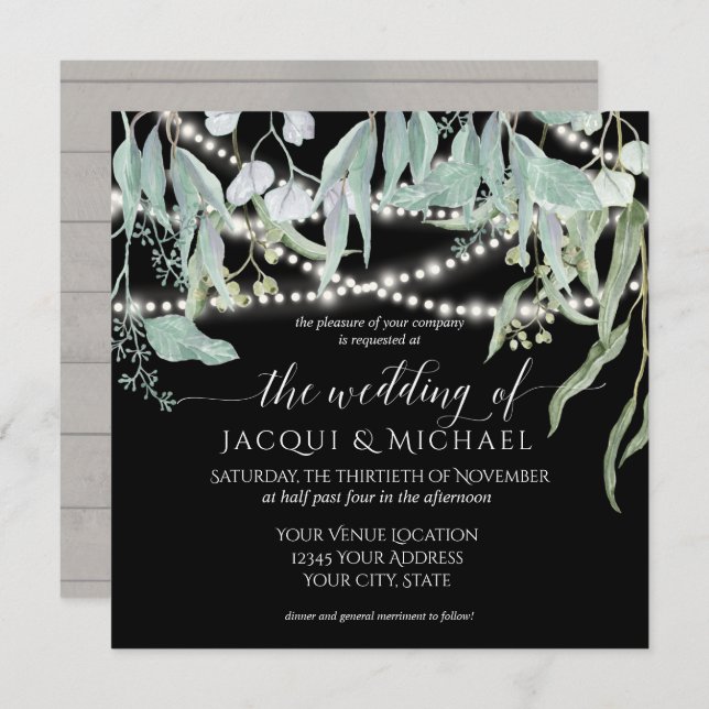 Invitación Boda Eucalyptus Rustic Winery Twinkle Lights (Anverso / Reverso)