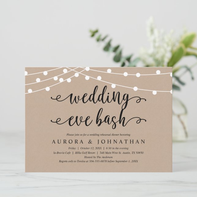 Invitación Boda Eve Bash, cena de ensayo de Kraft rústico (Anverso de pie)