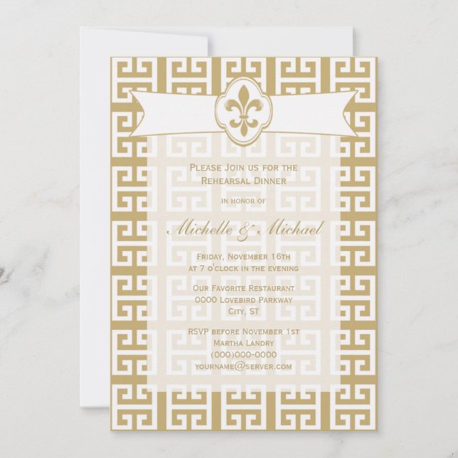 Invitación Boda Evento de Llave Griega Fleur de Lis Blanco Do (Anverso)