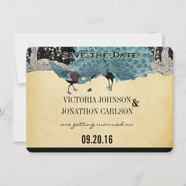 Invitación Boda Everafter Art Deco Peacock Golden Forest (Anverso)
